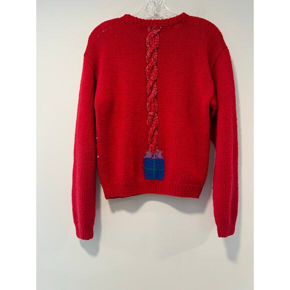 Vintage Wool Ugly Christmas Sweater Hand Knit Tree and Gifts Red Green Medium JL - Picture 9 of 11
